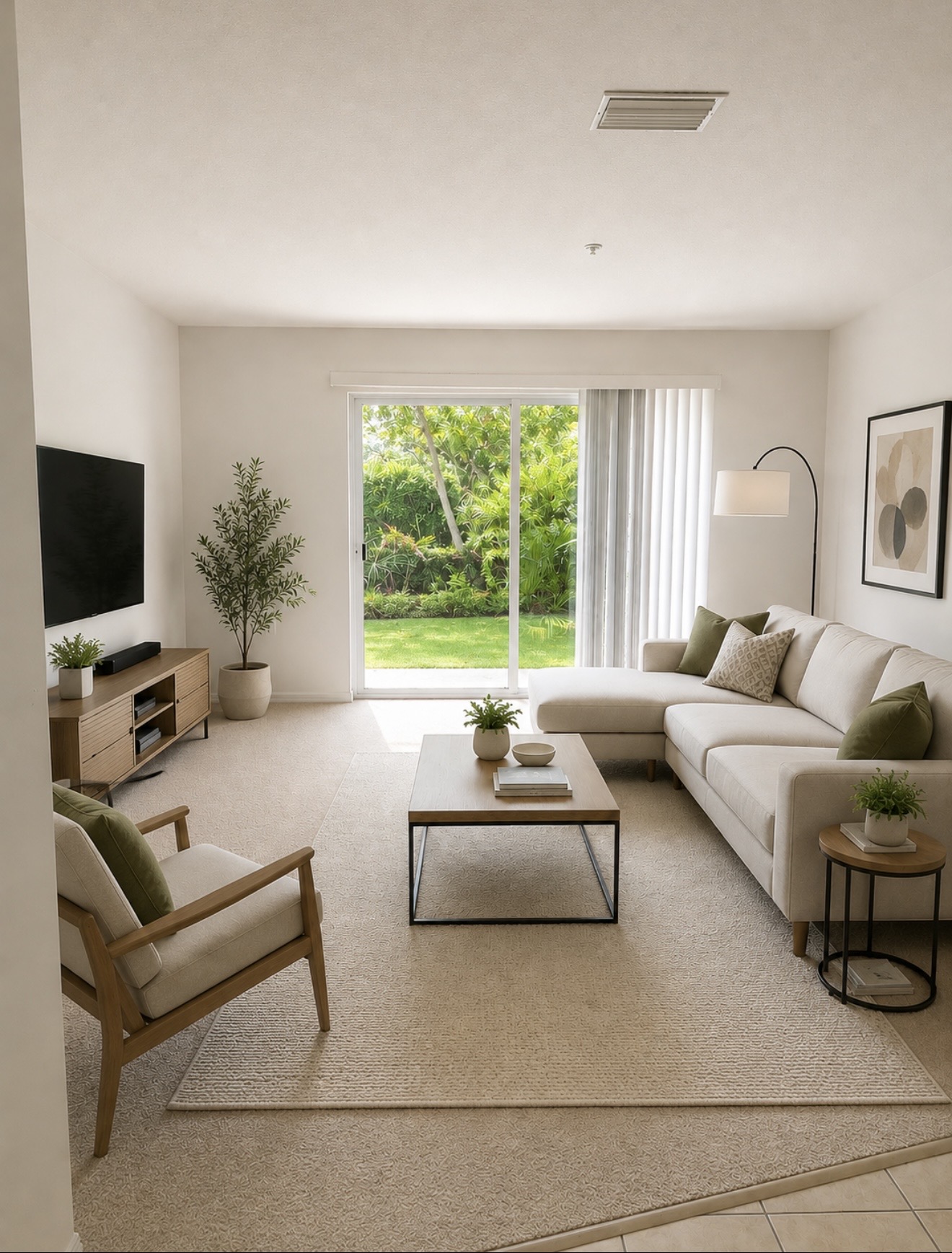 Furnished living room with sectional sofa, TV, and sliding glass doors to the yard