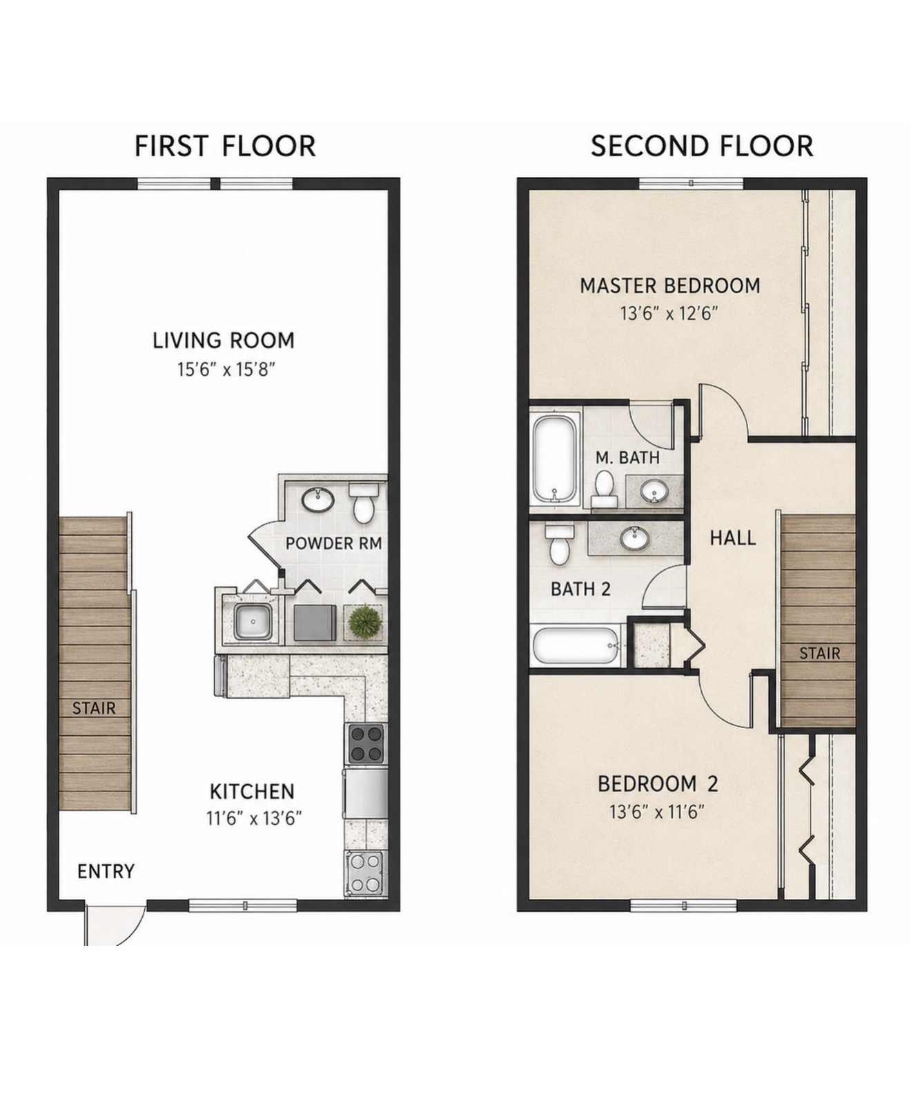 Two bedroom two-story townhome floor plan showing first and second floor layouts