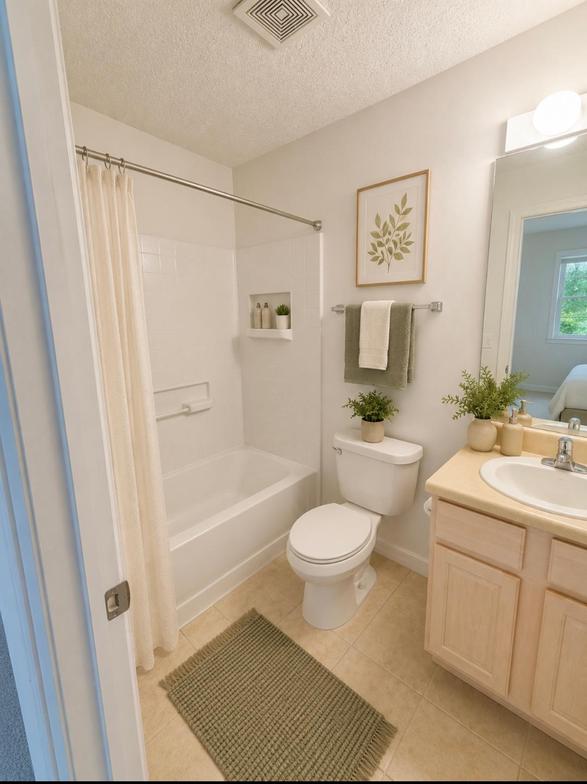 Full bathroom with tub, shower, and vanity