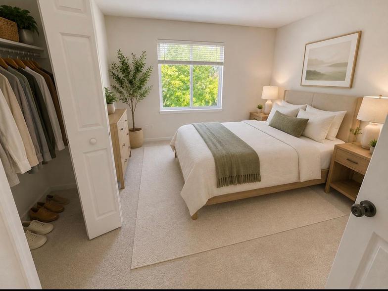 Bright bedroom with large closet and window overlooking greenery